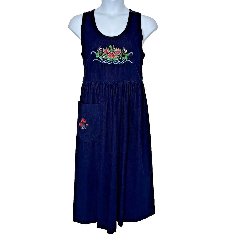 Vtg Dogwood Lane Jumper Dress Navy Blue Floral Embroidered Corduroy Medium